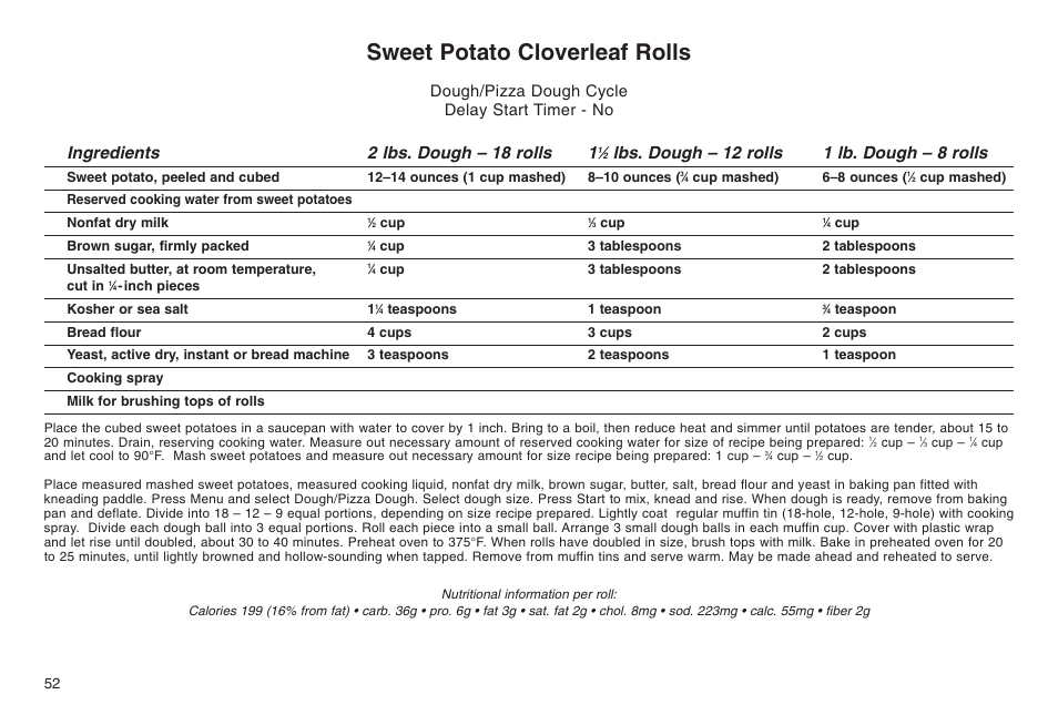 Sweet potato cloverleaf rolls, Ingredients 2 lbs. dough – 18 rolls 1, Lbs. dough – 12 rolls 1 lb. dough – 8 rolls | Dough/pizza dough cycle delay start timer - no | Cuisinart ELC0303IB-1/7A7 User Manual | Page 56 / 119
