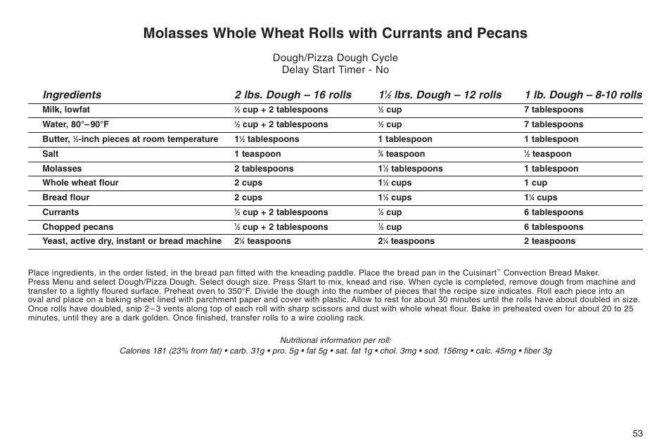 Ingredients 2 lbs. dough – 16 rolls 1, Dough/pizza dough cycle delay start timer - no | Cuisinart ELC0303IB-1/7A7 User Manual | Page 57 / 119