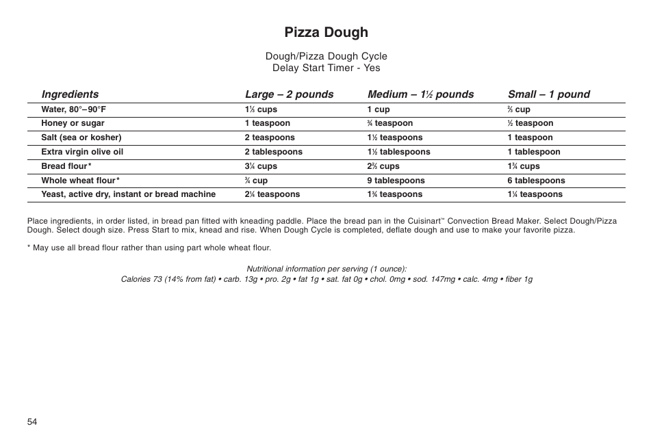 Pizza dough, Ingredients large – 2 pounds medium – 1, Pounds small – 1 pound | Dough/pizza dough cycle delay start timer - yes | Cuisinart ELC0303IB-1/7A7 User Manual | Page 58 / 119