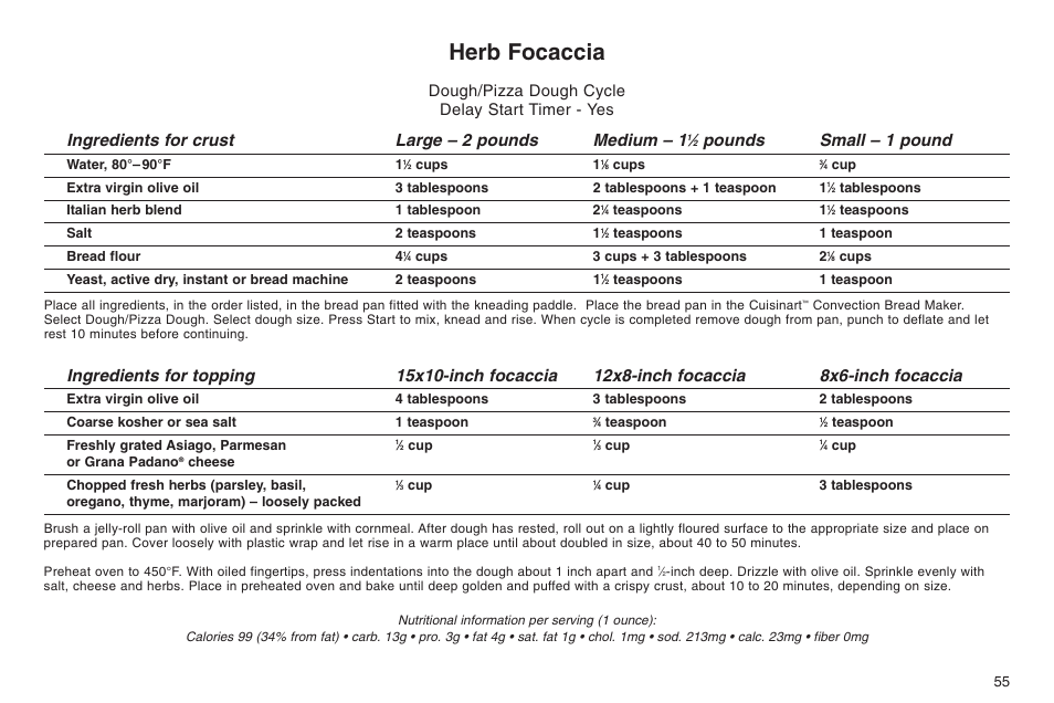 Herb focaccia, Ingredients for crust large – 2 pounds medium – 1, Pounds small – 1 pound | Dough/pizza dough cycle delay start timer - yes | Cuisinart ELC0303IB-1/7A7 User Manual | Page 59 / 119