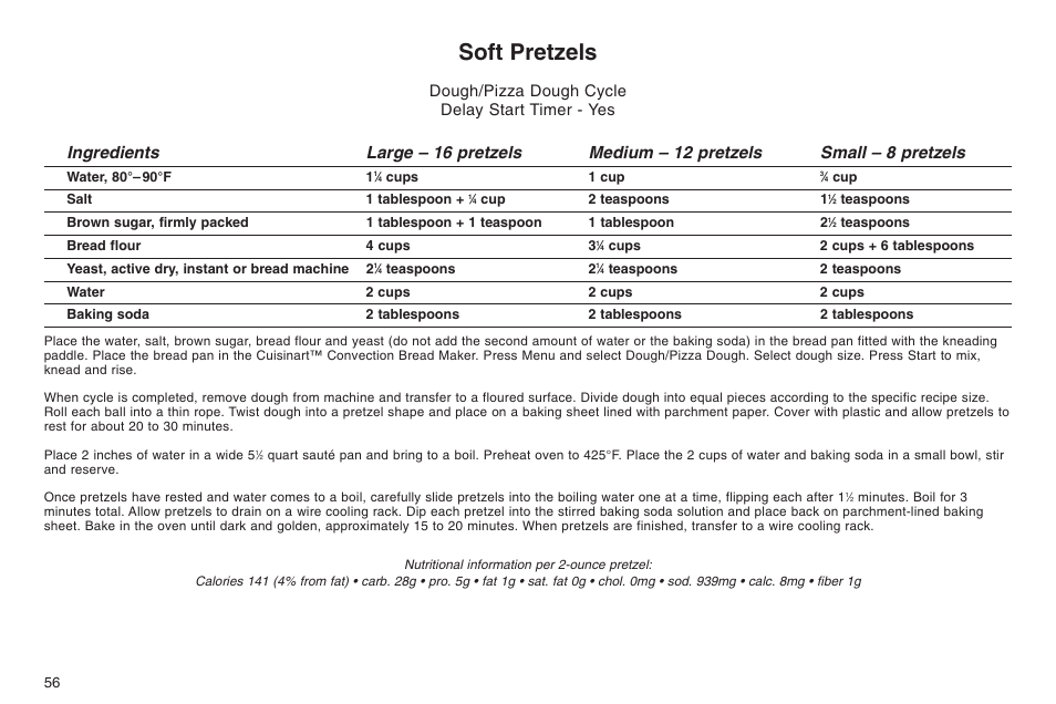 Soft pretzels, Dough/pizza dough cycle delay start timer - yes | Cuisinart ELC0303IB-1/7A7 User Manual | Page 60 / 119