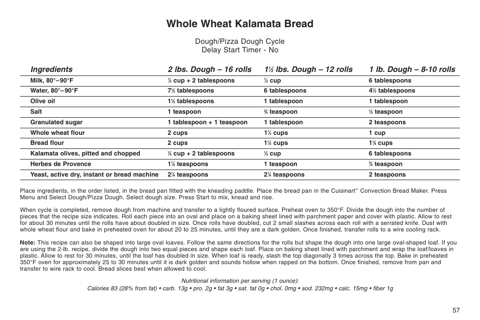 Whole wheat kalamata bread, Ingredients 2 lbs. dough – 16 rolls 1, Dough/pizza dough cycle delay start timer - no | Cuisinart ELC0303IB-1/7A7 User Manual | Page 61 / 119