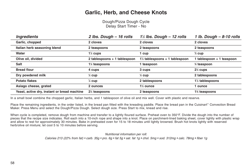 Garlic, herb, and cheese knots, Ingredients 2 lbs. dough – 16 rolls 1, Dough/pizza dough cycle delay start timer - no | Cuisinart ELC0303IB-1/7A7 User Manual | Page 62 / 119