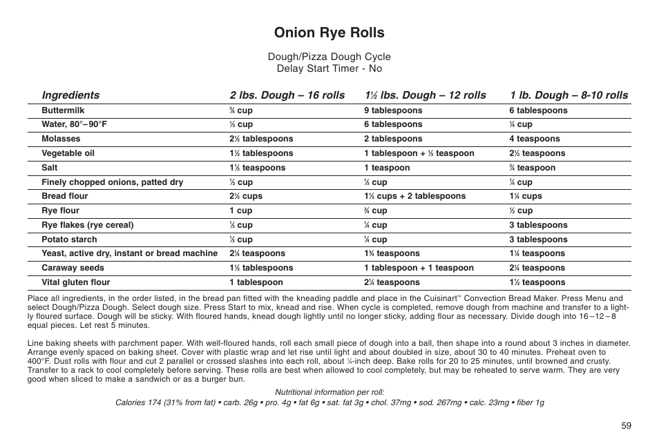 Onion rye rolls, Ingredients 2 lbs. dough – 16 rolls 1, Dough/pizza dough cycle delay start timer - no | Cuisinart ELC0303IB-1/7A7 User Manual | Page 63 / 119