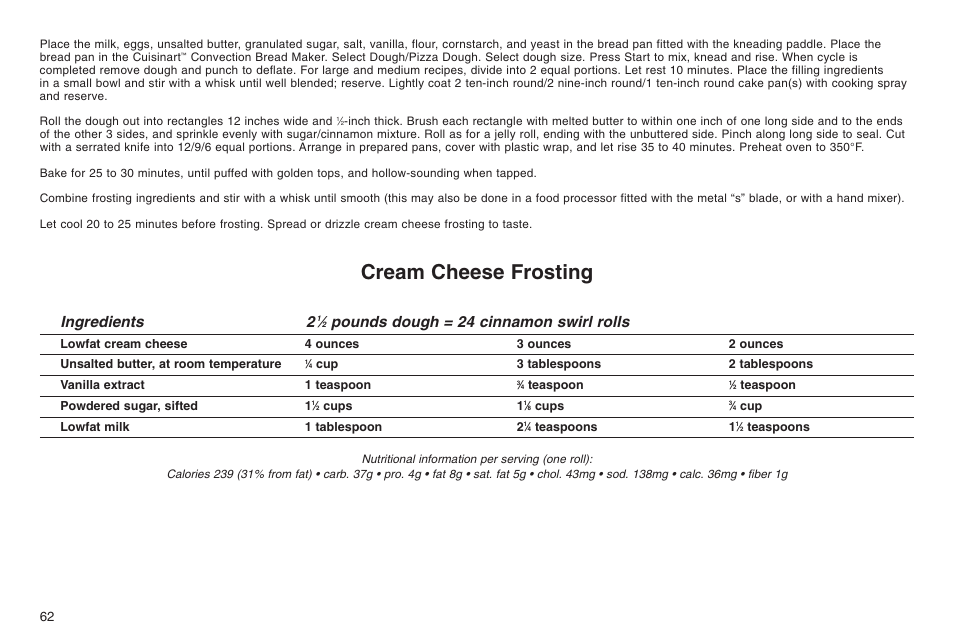 Cream cheese frosting, Ingredients 2, Pounds dough = 24 cinnamon swirl rolls | Cuisinart ELC0303IB-1/7A7 User Manual | Page 66 / 119