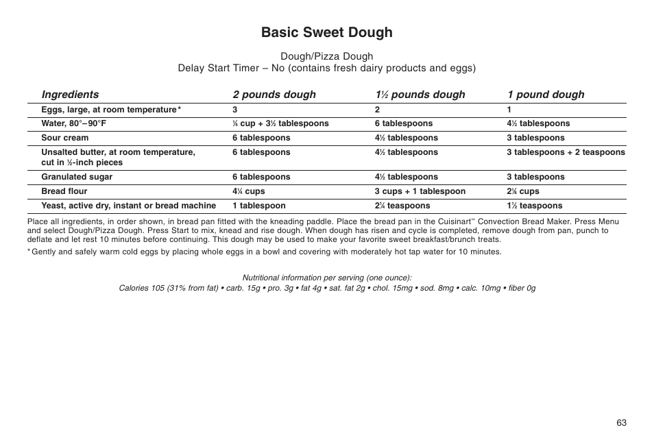 Basic sweet dough, Ingredients 2 pounds dough 1, Pounds dough 1 pound dough | Cuisinart ELC0303IB-1/7A7 User Manual | Page 67 / 119