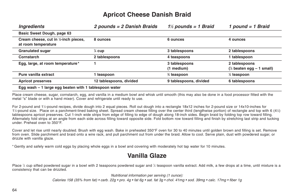 Apricot cheese danish braid, Vanilla glaze, Ingredients 2 pounds = 2 danish braids 1 | Pounds = 1 braid 1 pound = 1 braid | Cuisinart ELC0303IB-1/7A7 User Manual | Page 68 / 119