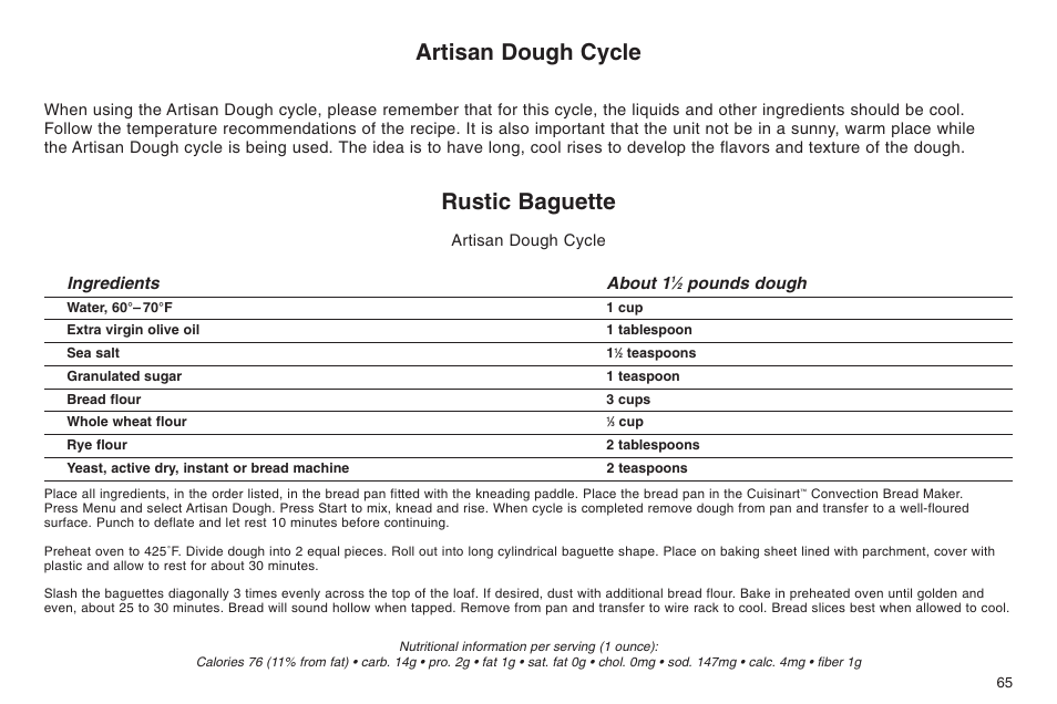 Artisan dough cycle, Rustic baguette, Ingredients about 1 | Pounds dough | Cuisinart ELC0303IB-1/7A7 User Manual | Page 69 / 119