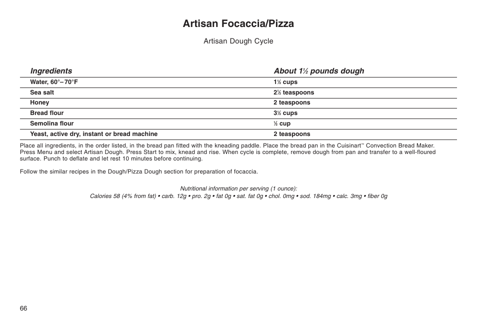 Artisan focaccia/pizza, Ingredients about 1, Pounds dough | Artisan dough cycle | Cuisinart ELC0303IB-1/7A7 User Manual | Page 70 / 119