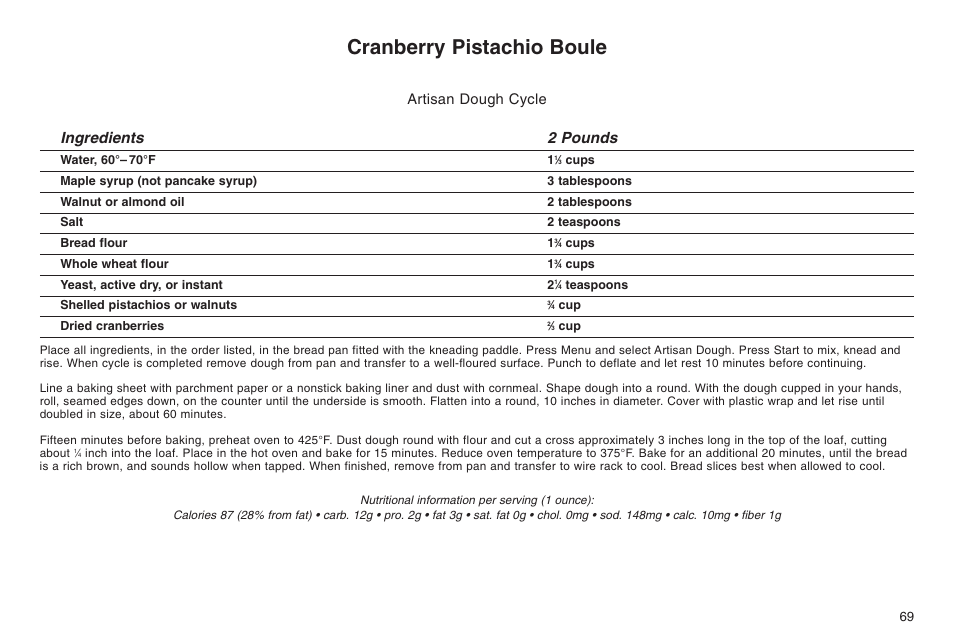 Cranberry pistachio boule, Ingredients 2 pounds, Artisan dough cycle | Cuisinart ELC0303IB-1/7A7 User Manual | Page 73 / 119