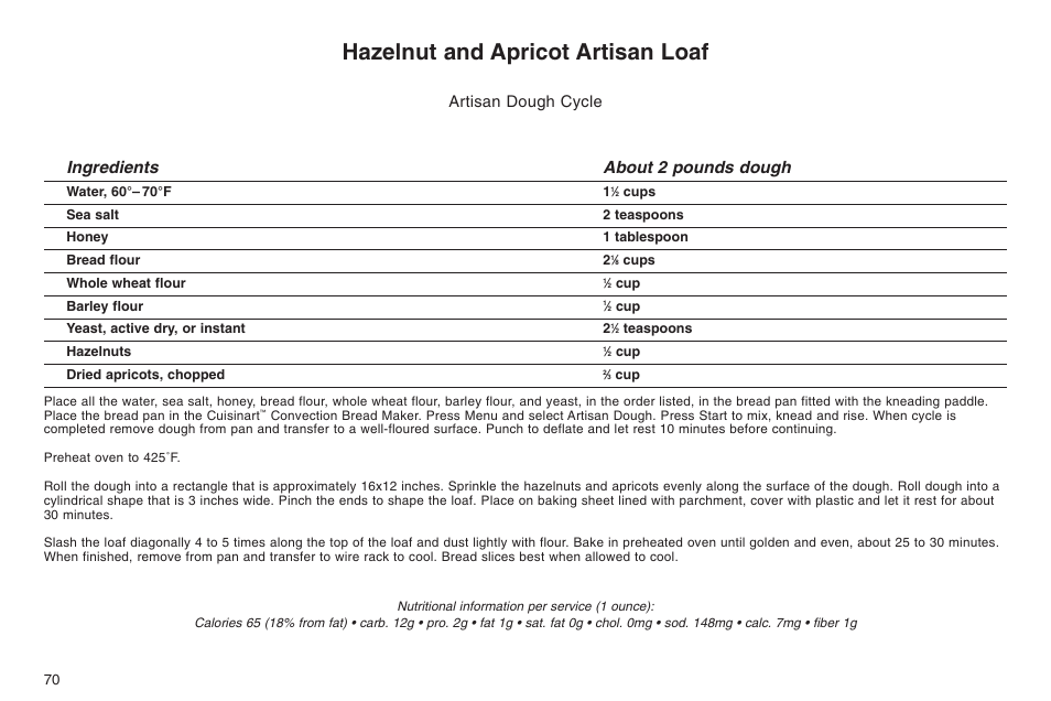 Hazelnut and apricot artisan loaf, Ingredients about 2 pounds dough, Artisan dough cycle | Cuisinart ELC0303IB-1/7A7 User Manual | Page 74 / 119