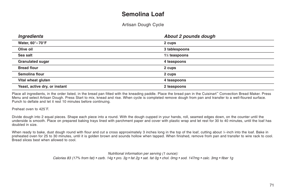 Semolina loaf, Ingredients about 2 pounds dough, Artisan dough cycle | Cuisinart ELC0303IB-1/7A7 User Manual | Page 75 / 119