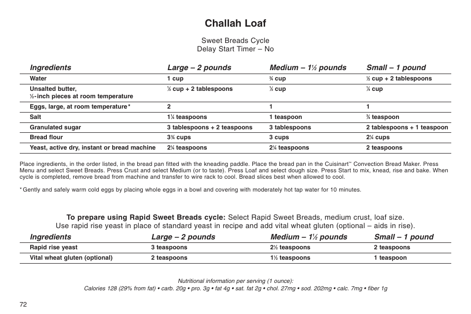 Challah loaf, Ingredients large – 2 pounds medium – 1, Pounds small – 1 pound | Sweet breads cycle delay start timer – no | Cuisinart ELC0303IB-1/7A7 User Manual | Page 76 / 119