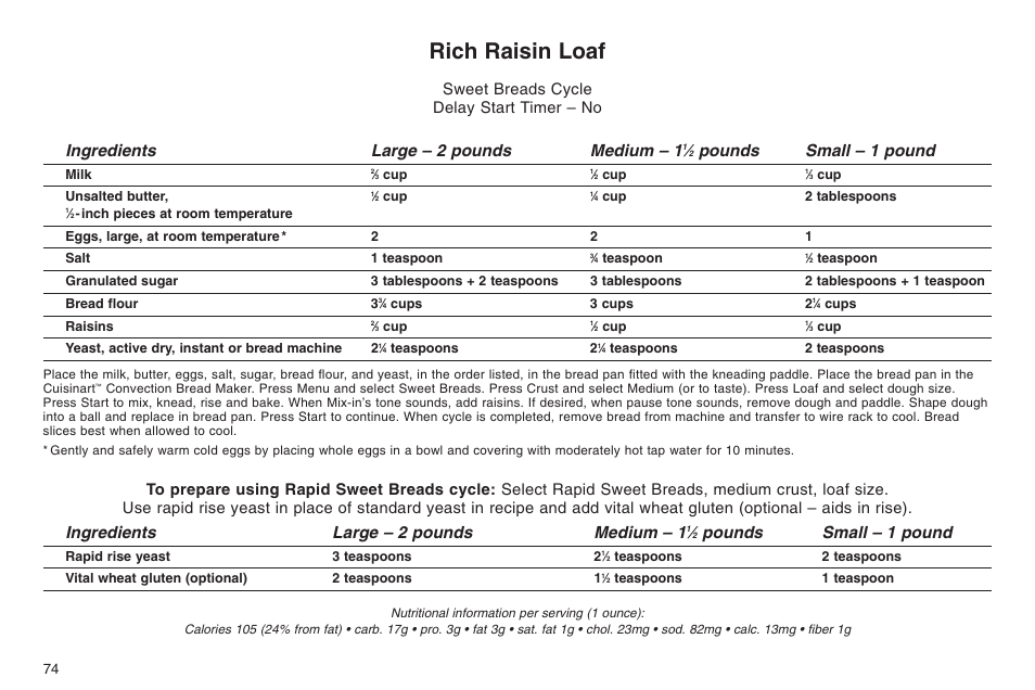 Rich raisin loaf, Ingredients large – 2 pounds medium – 1, Pounds small – 1 pound | Sweet breads cycle delay start timer – no | Cuisinart ELC0303IB-1/7A7 User Manual | Page 78 / 119