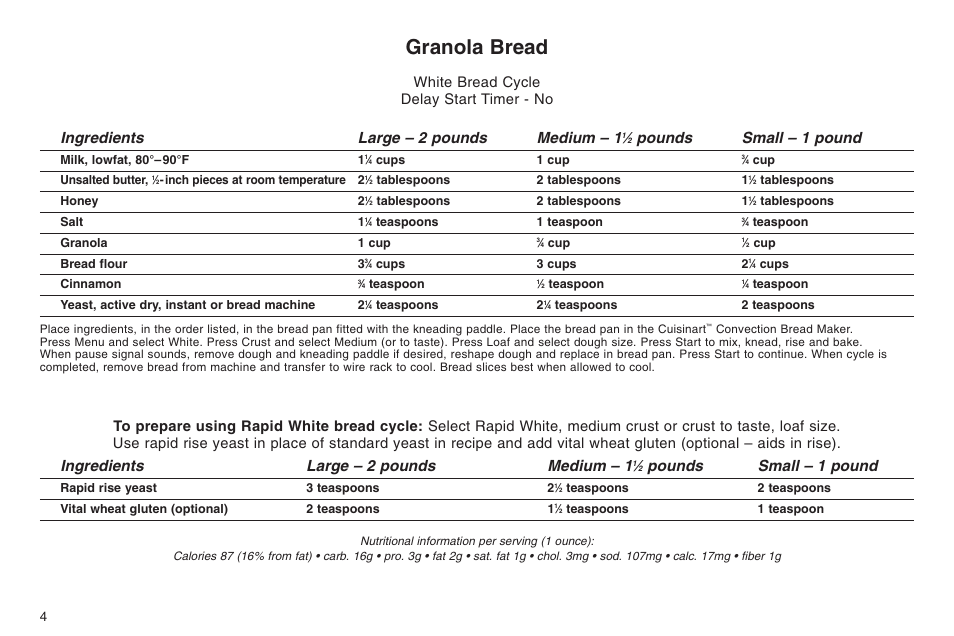 Granola bread, Ingredients large – 2 pounds medium – 1, Pounds small – 1 pound | White bread cycle delay start timer - no | Cuisinart ELC0303IB-1/7A7 User Manual | Page 8 / 119