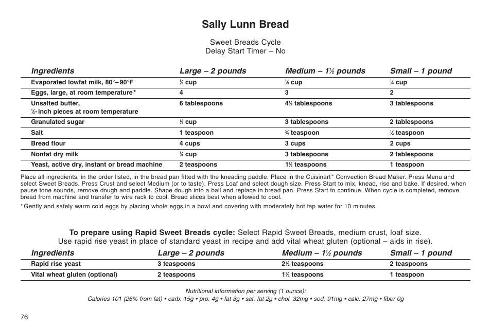 Sally lunn bread, Ingredients large – 2 pounds medium – 1, Pounds small – 1 pound | Sweet breads cycle delay start timer – no | Cuisinart ELC0303IB-1/7A7 User Manual | Page 80 / 119