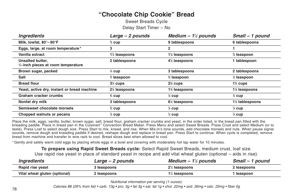 Chocolate chip cookie” bread, Ingredients large – 2 pounds medium – 1, Pounds small – 1 pound | Sweet breads cycle delay start timer – no | Cuisinart ELC0303IB-1/7A7 User Manual | Page 82 / 119