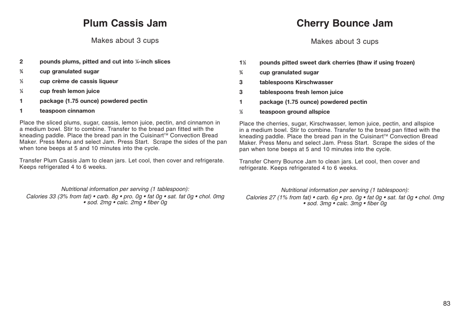 Plum cassis jam, Cherry bounce jam, Makes about 3 cups | Cuisinart ELC0303IB-1/7A7 User Manual | Page 87 / 119