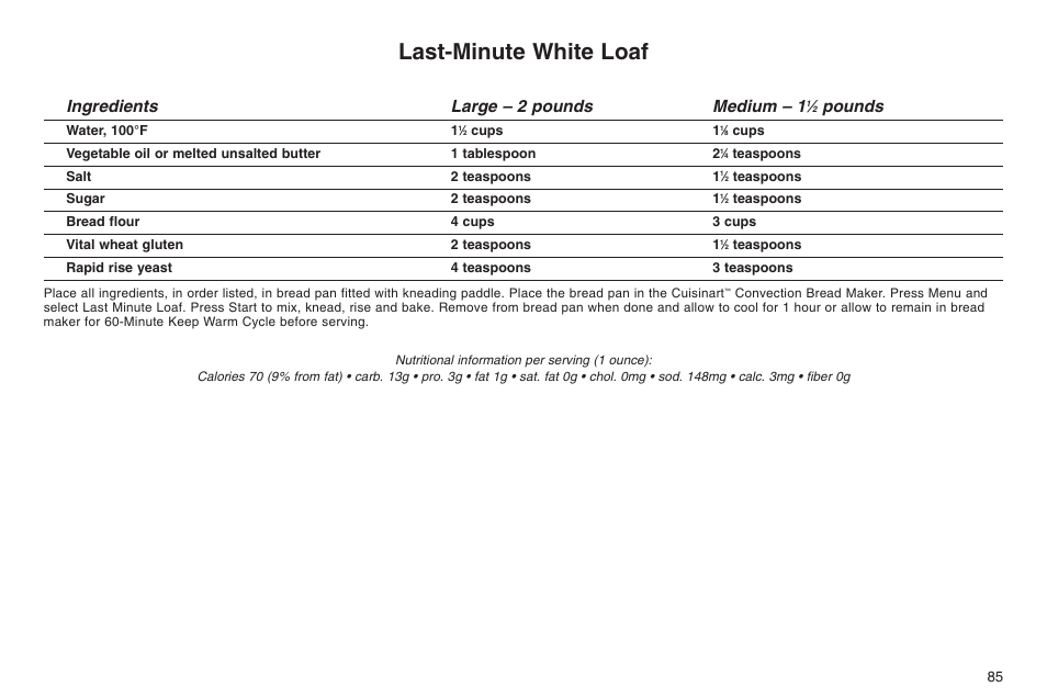 Last-minute white loaf, Ingredients large – 2 pounds medium – 1, Pounds | Cuisinart ELC0303IB-1/7A7 User Manual | Page 89 / 119