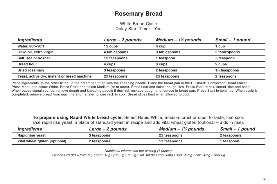 Rosemary bread, Ingredients large – 2 pounds medium – 1, Pounds small – 1 pound | White bread cycle delay start timer - yes | Cuisinart ELC0303IB-1/7A7 User Manual | Page 9 / 119