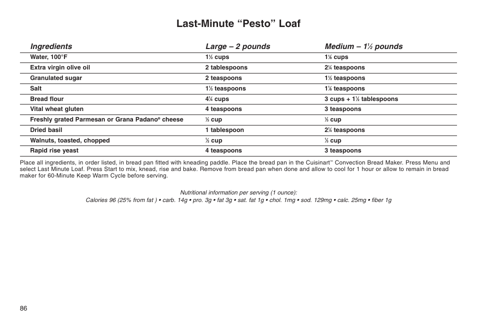 Last-minute “pesto” loaf, Ingredients large – 2 pounds medium – 1, Pounds | Cuisinart ELC0303IB-1/7A7 User Manual | Page 90 / 119