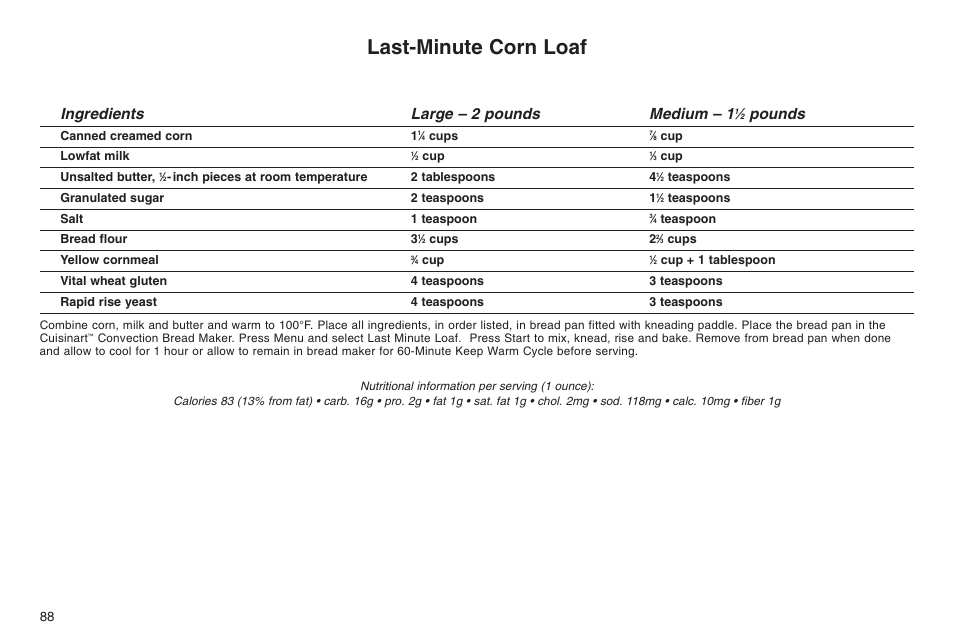 Last-minute corn loaf, Ingredients large – 2 pounds medium – 1, Pounds | Cuisinart ELC0303IB-1/7A7 User Manual | Page 92 / 119