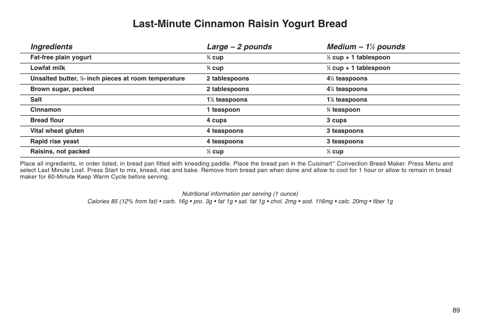 Last-minute cinnamon raisin yogurt bread, Ingredients large – 2 pounds medium – 1, Pounds | Cuisinart ELC0303IB-1/7A7 User Manual | Page 93 / 119
