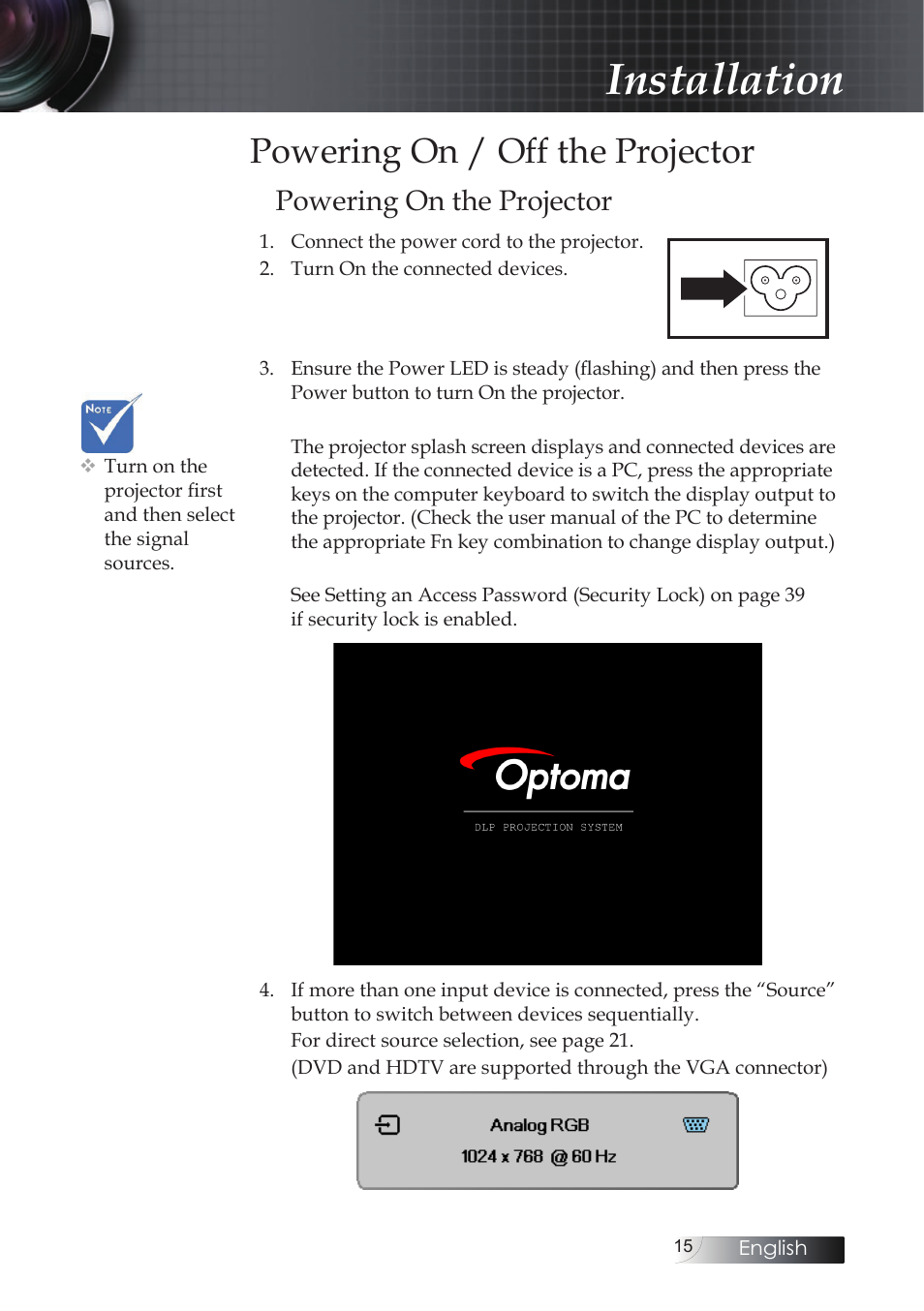 Powering on / off the projector, Powering on the projector, Installation | Optoma X304M User Manual | Page 15 / 63
