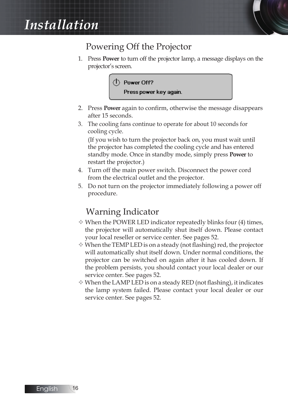 Powering off the projector, Warning indicator, Installation | Optoma X304M User Manual | Page 16 / 63