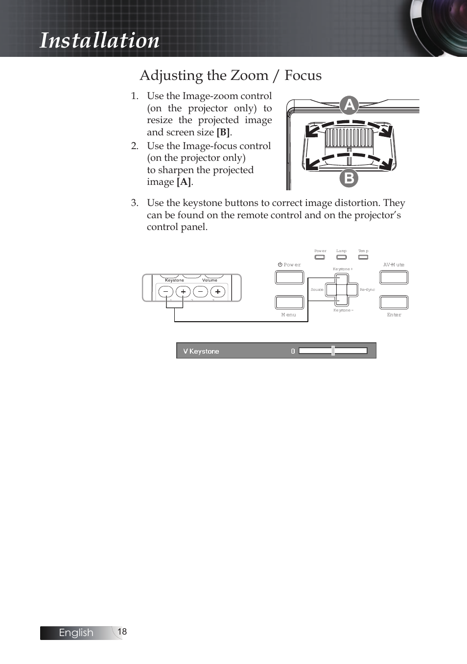 Adjusting the zoom / focus, Installation | Optoma X304M User Manual | Page 18 / 63