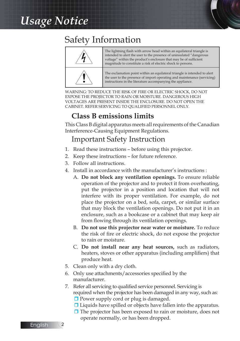 Usage notice, Safety information, Class b emissions limits | Important safety instruction | Optoma X304M User Manual | Page 2 / 63