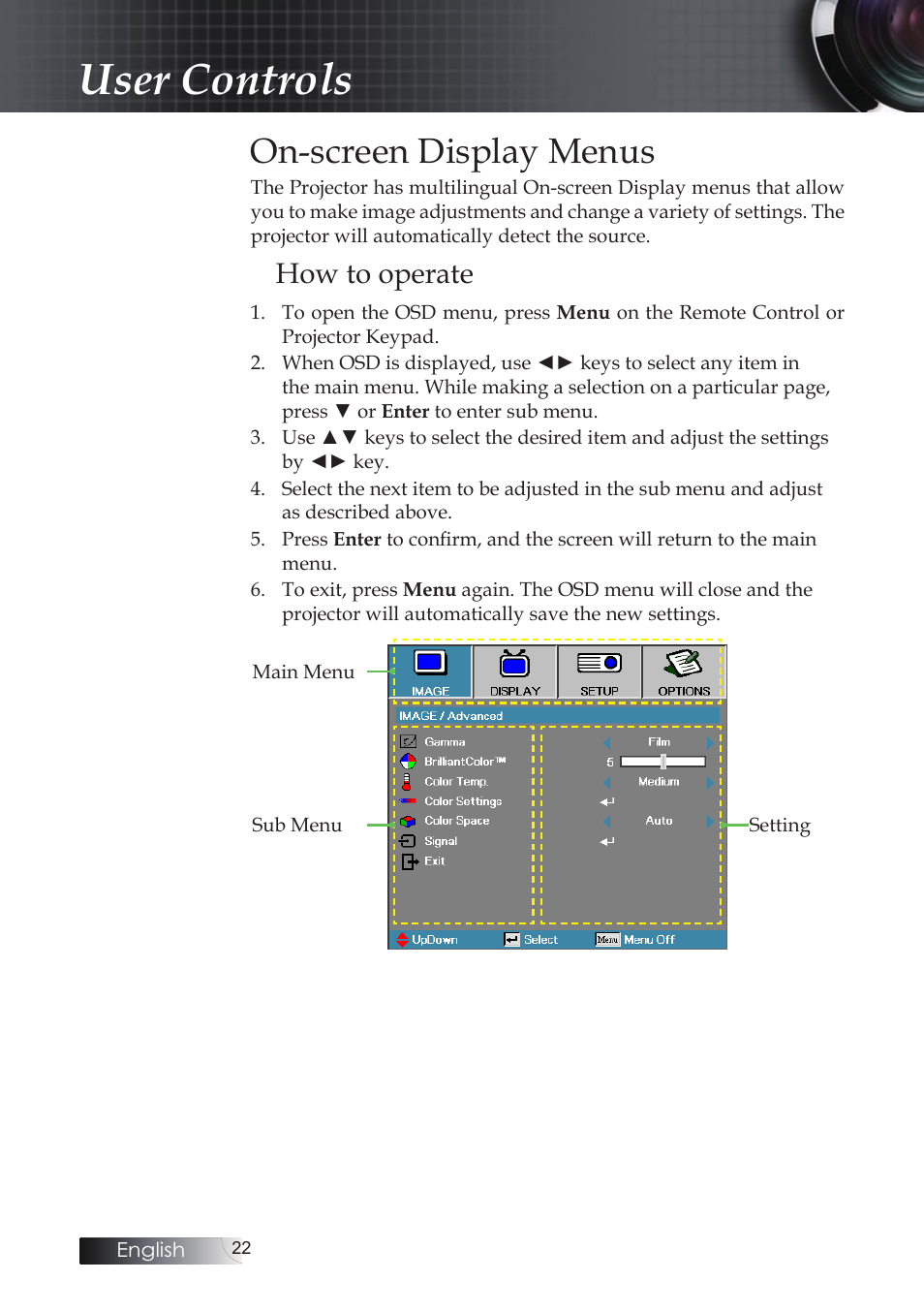 On-screen display menus, How to operate, User controls | Optoma X304M User Manual | Page 22 / 63