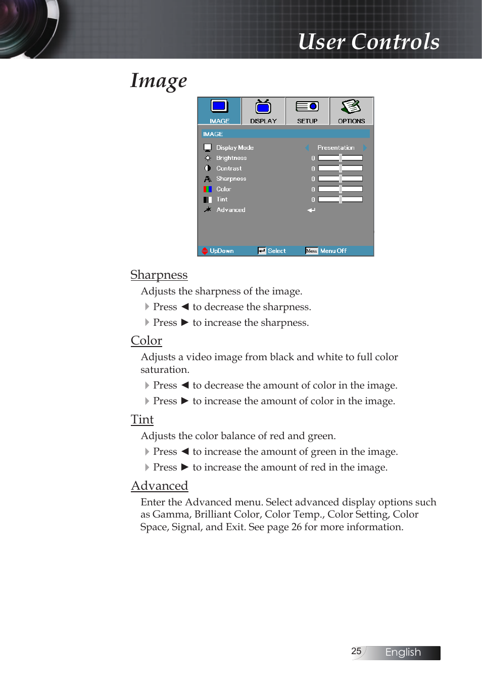 User controls, Image | Optoma X304M User Manual | Page 25 / 63