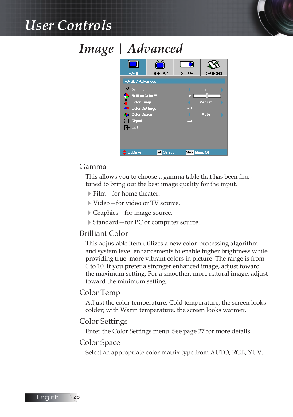 User controls, Image | advanced | Optoma X304M User Manual | Page 26 / 63