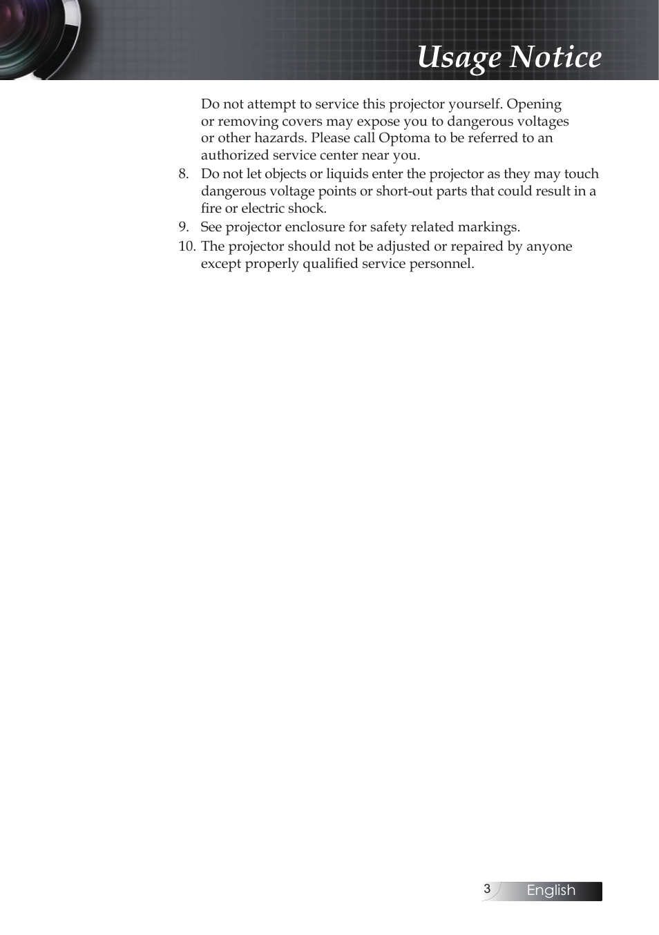 Usage notice | Optoma X304M User Manual | Page 3 / 63