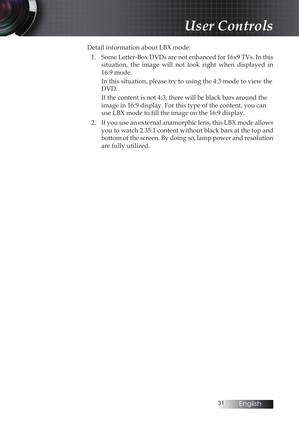 User controls | Optoma X304M User Manual | Page 31 / 63