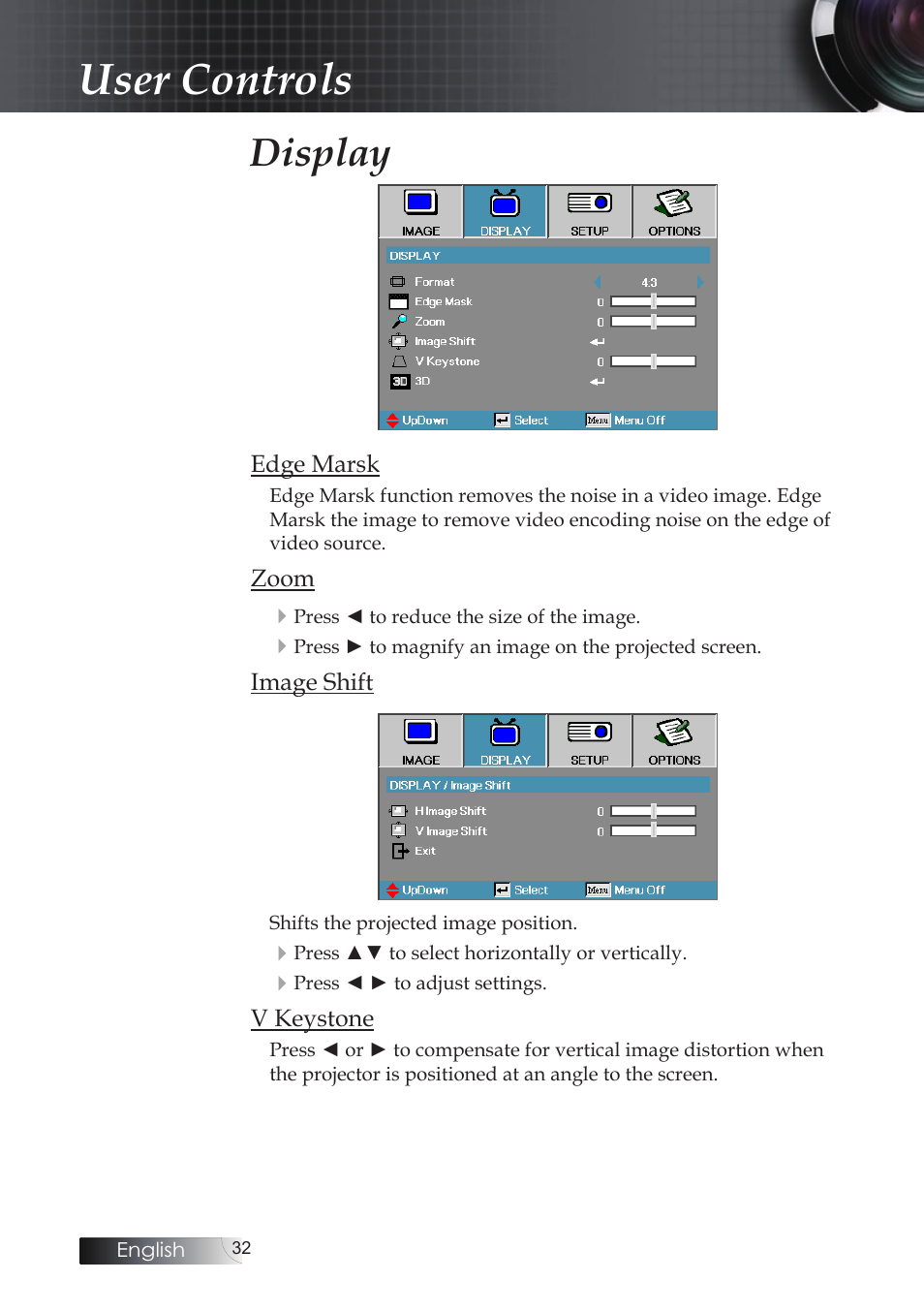 User controls, Display | Optoma X304M User Manual | Page 32 / 63