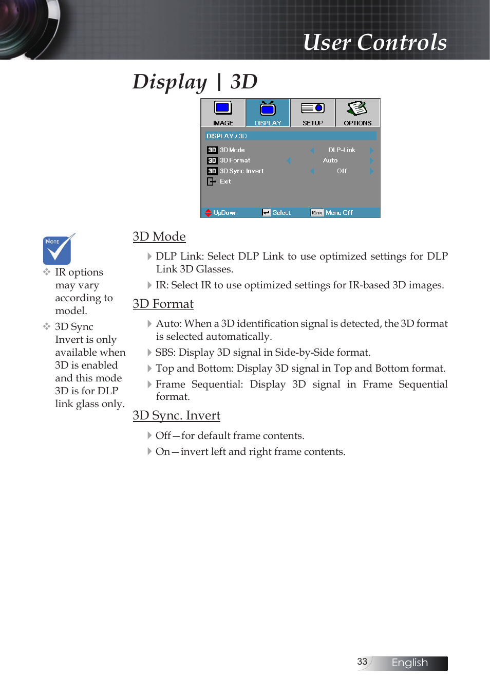 User controls, Display | 3d | Optoma X304M User Manual | Page 33 / 63