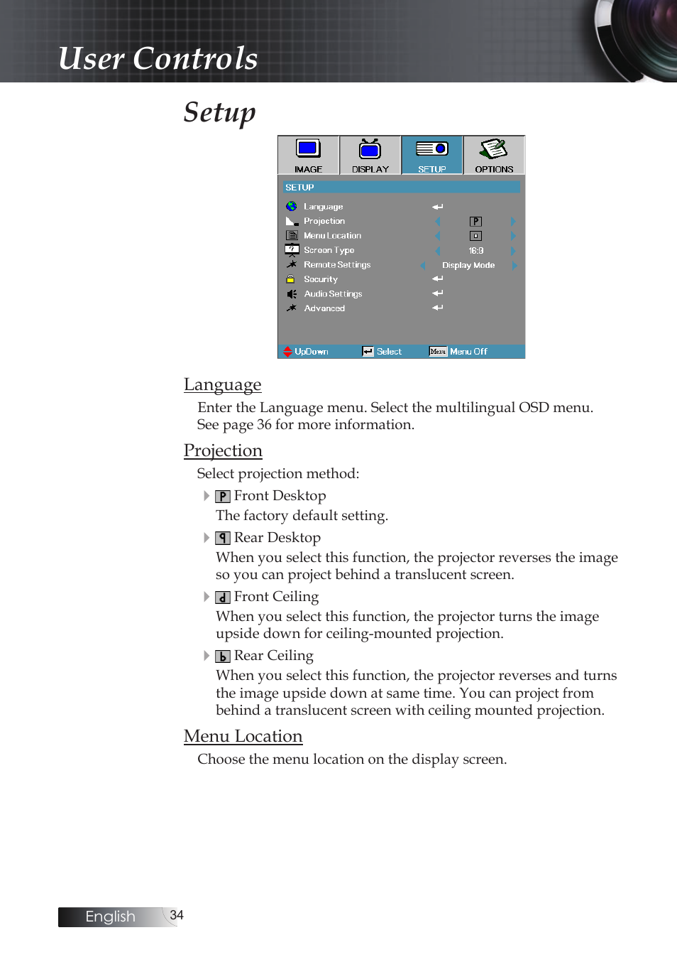 Setup, User controls | Optoma X304M User Manual | Page 34 / 63