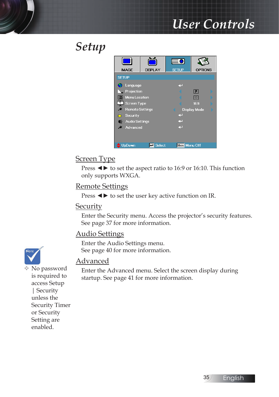 User controls, Setup | Optoma X304M User Manual | Page 35 / 63