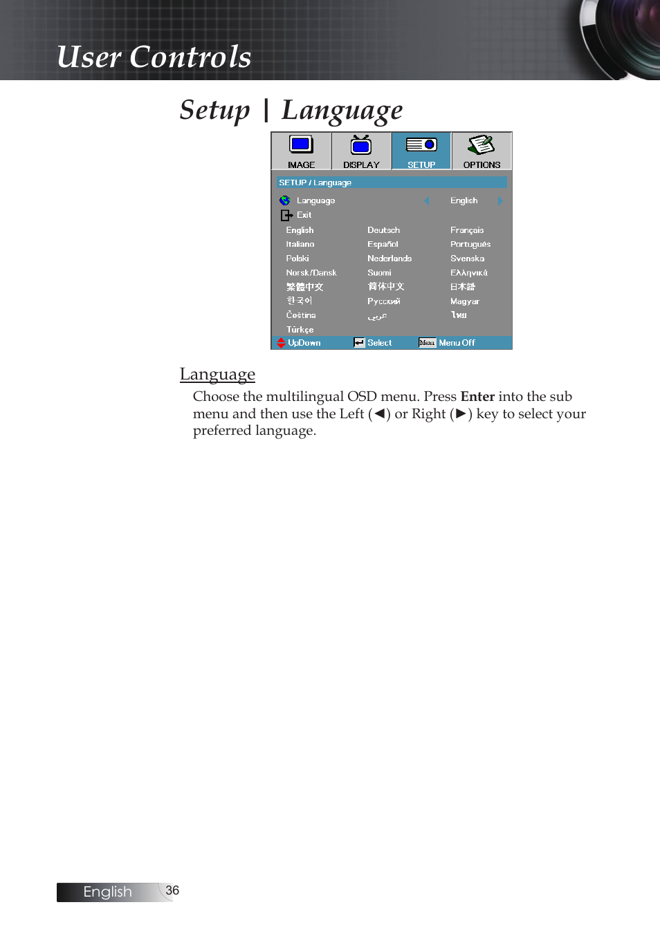 User controls, Setup | language | Optoma X304M User Manual | Page 36 / 63