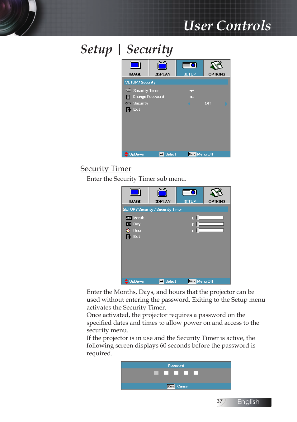 User controls, Setup | security | Optoma X304M User Manual | Page 37 / 63