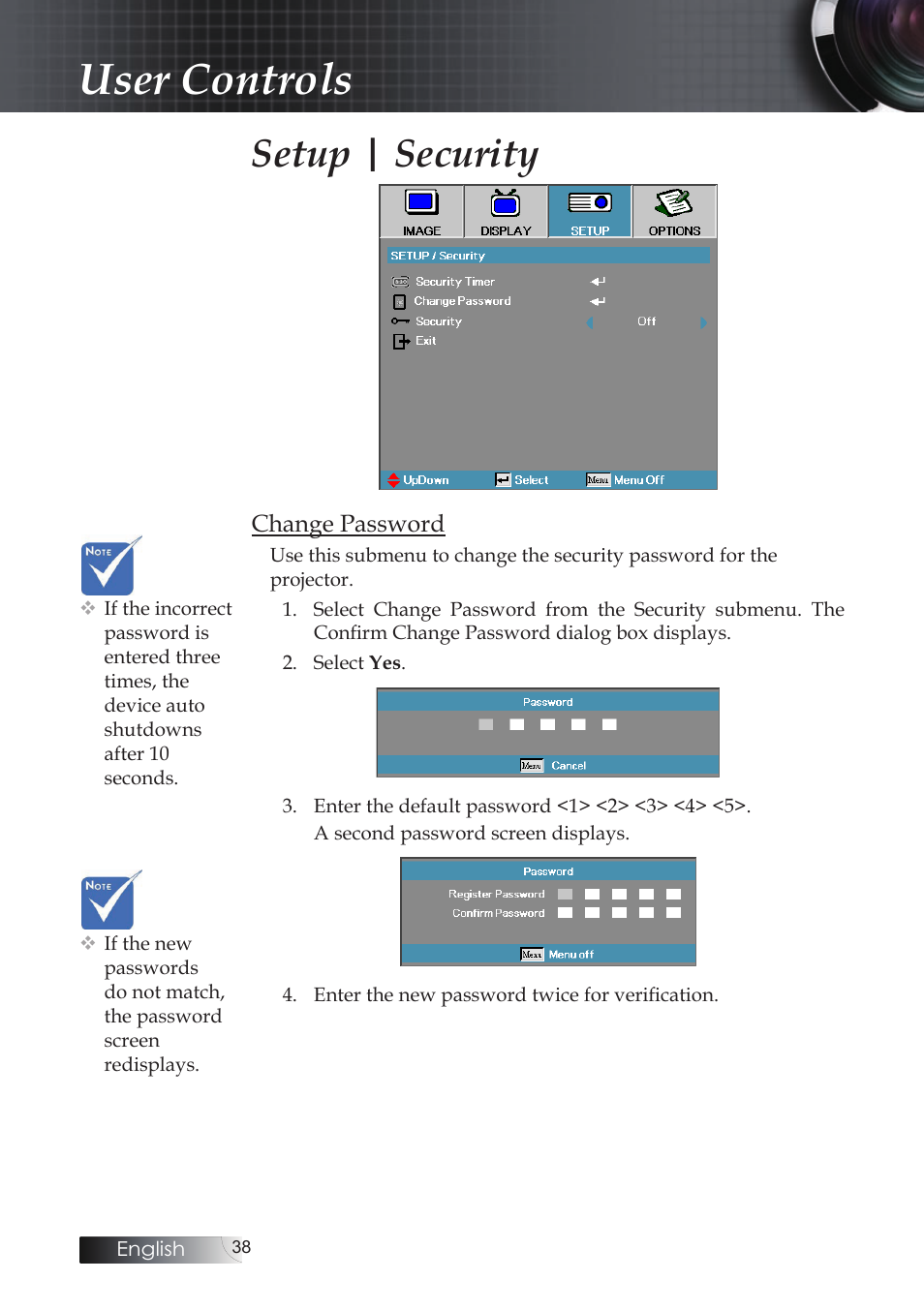 User controls, Setup | security | Optoma X304M User Manual | Page 38 / 63