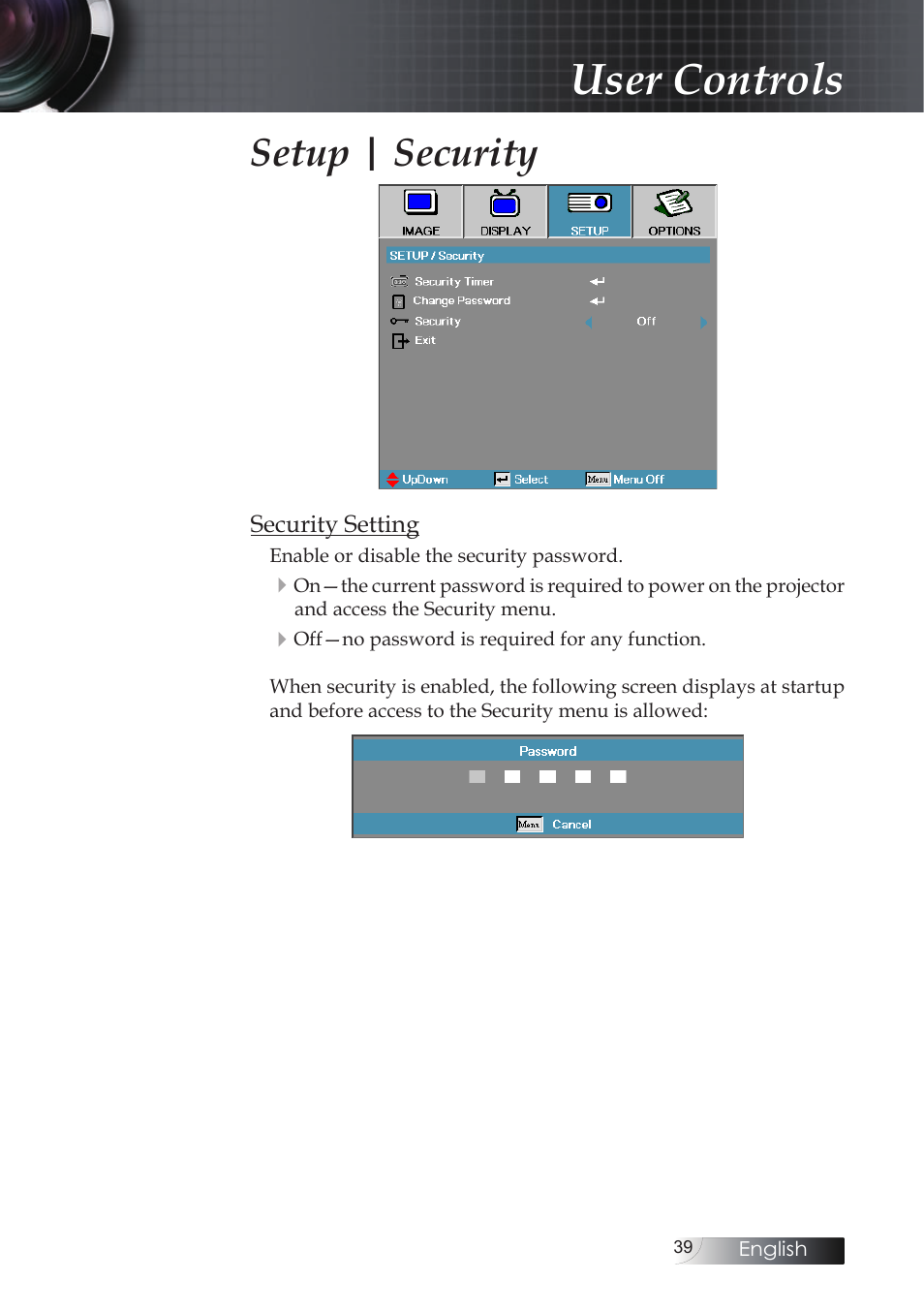 User controls, Setup | security | Optoma X304M User Manual | Page 39 / 63