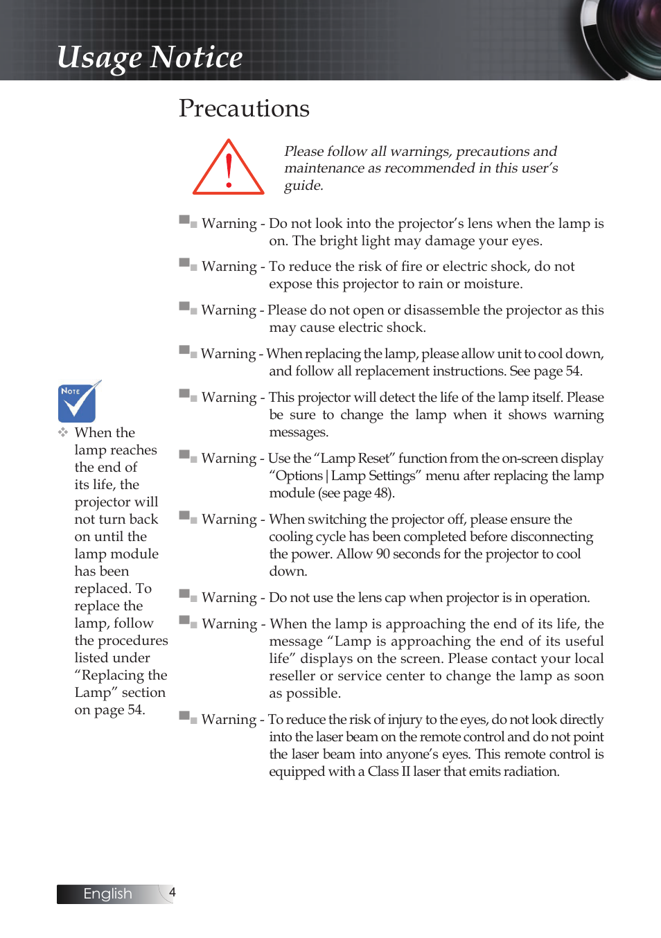 Precautions, Usage notice | Optoma X304M User Manual | Page 4 / 63