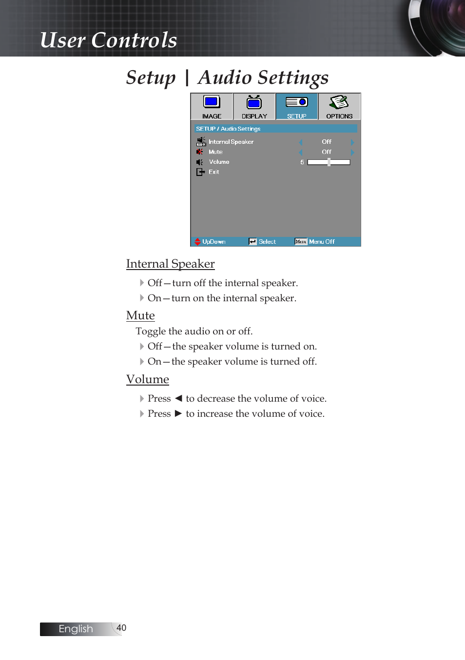 User controls, Setup | audio settings | Optoma X304M User Manual | Page 40 / 63
