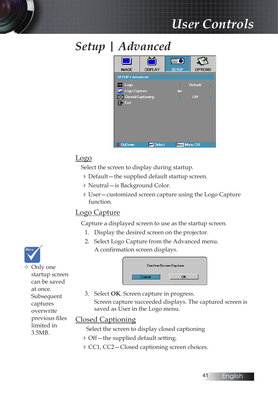 User controls, Setup | advanced | Optoma X304M User Manual | Page 41 / 63