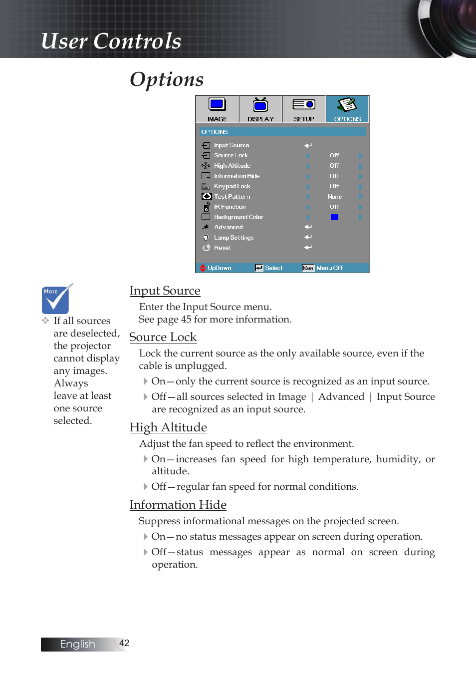 Options, User controls | Optoma X304M User Manual | Page 42 / 63