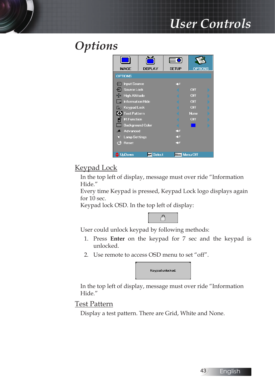 User controls, Options | Optoma X304M User Manual | Page 43 / 63