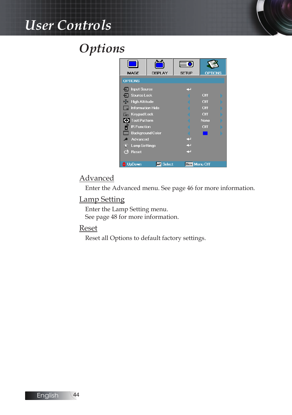 User controls, Options | Optoma X304M User Manual | Page 44 / 63